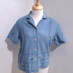 East west fashions| Denim blue button up short sleeve flower embroidered Shirt